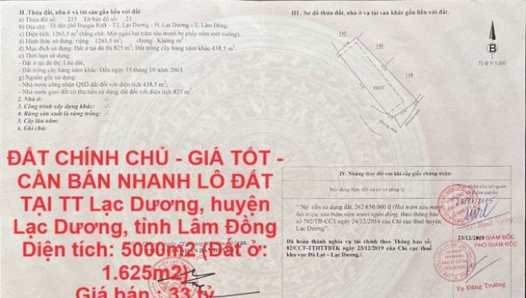 ĐẤT CHÍNH CHỦ - GIÁ TỐT - CẦN BÁN NHANH LÔ ĐẤT  TẠI TT Lạc Dương, huyện Lạc Dương, tỉnh Lâm Đồng